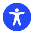 Blaues rundes Icon mit einer stilisierten weißen Person mit ausgestreckten Armen – Symbol für Barrierefreiheit bzw. Accessibility.